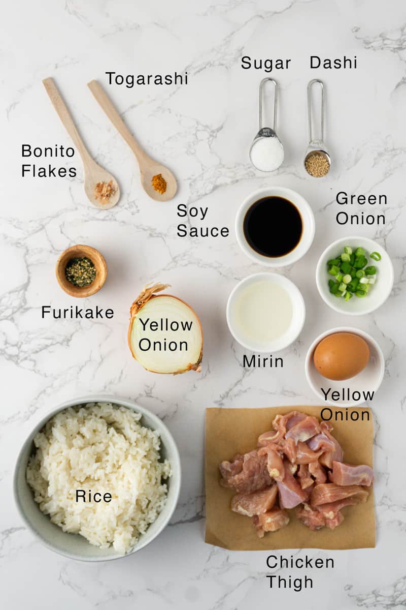 Ingredients for the oyakodon laid out on the table.