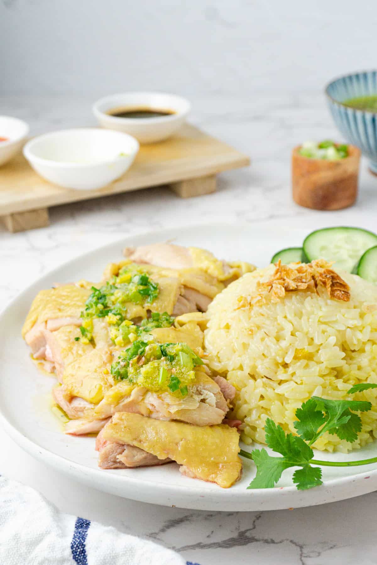 A plate of hainan chicken with rice, garnished with shallot and sauce.