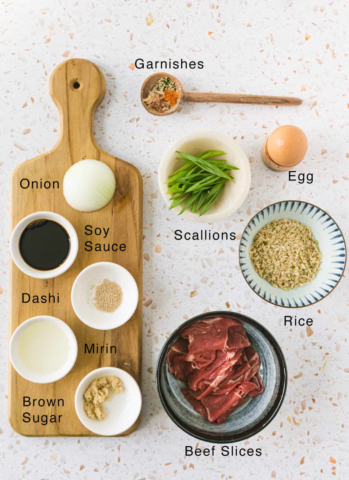 Labeled ingredients for the recipe laid out on the table.