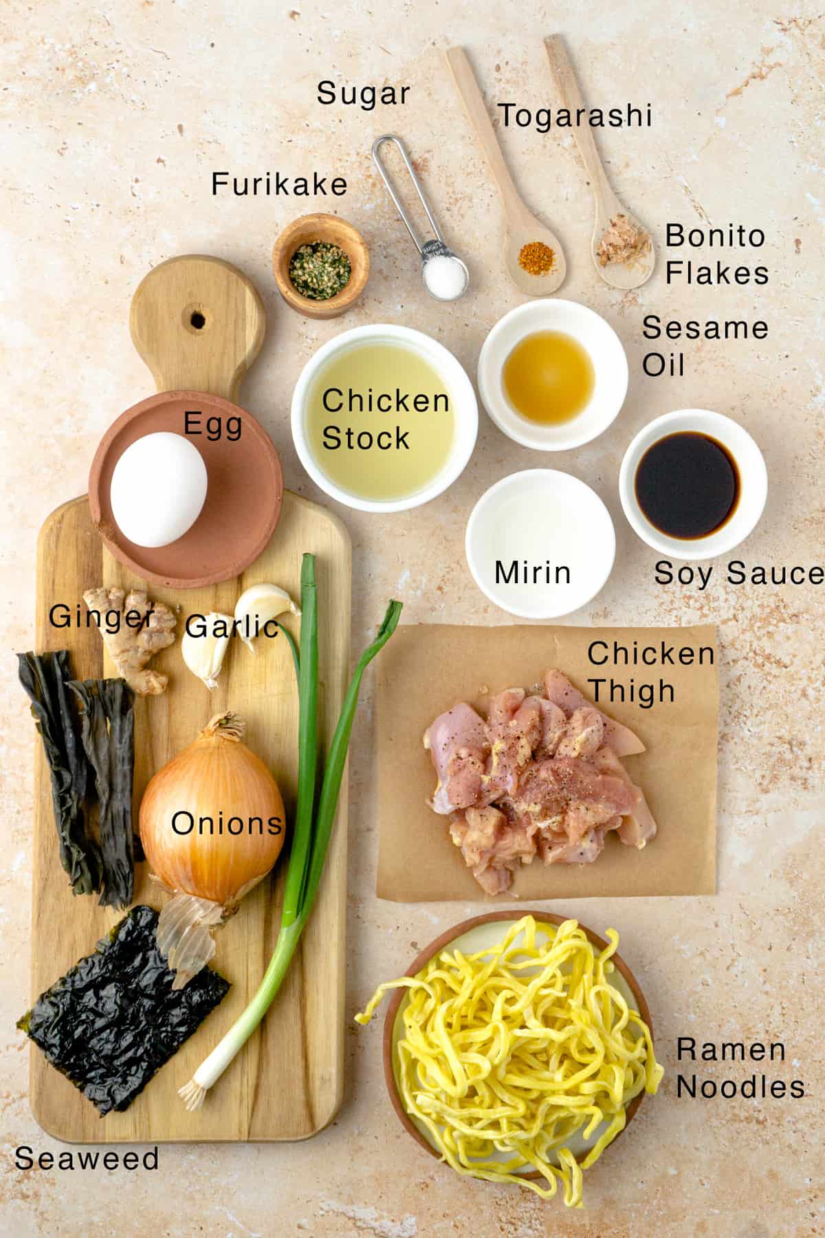 Ingredients for the shoyu ramen laid out on the table.