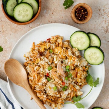 A plate of crab fried rice with a wooden spoon.