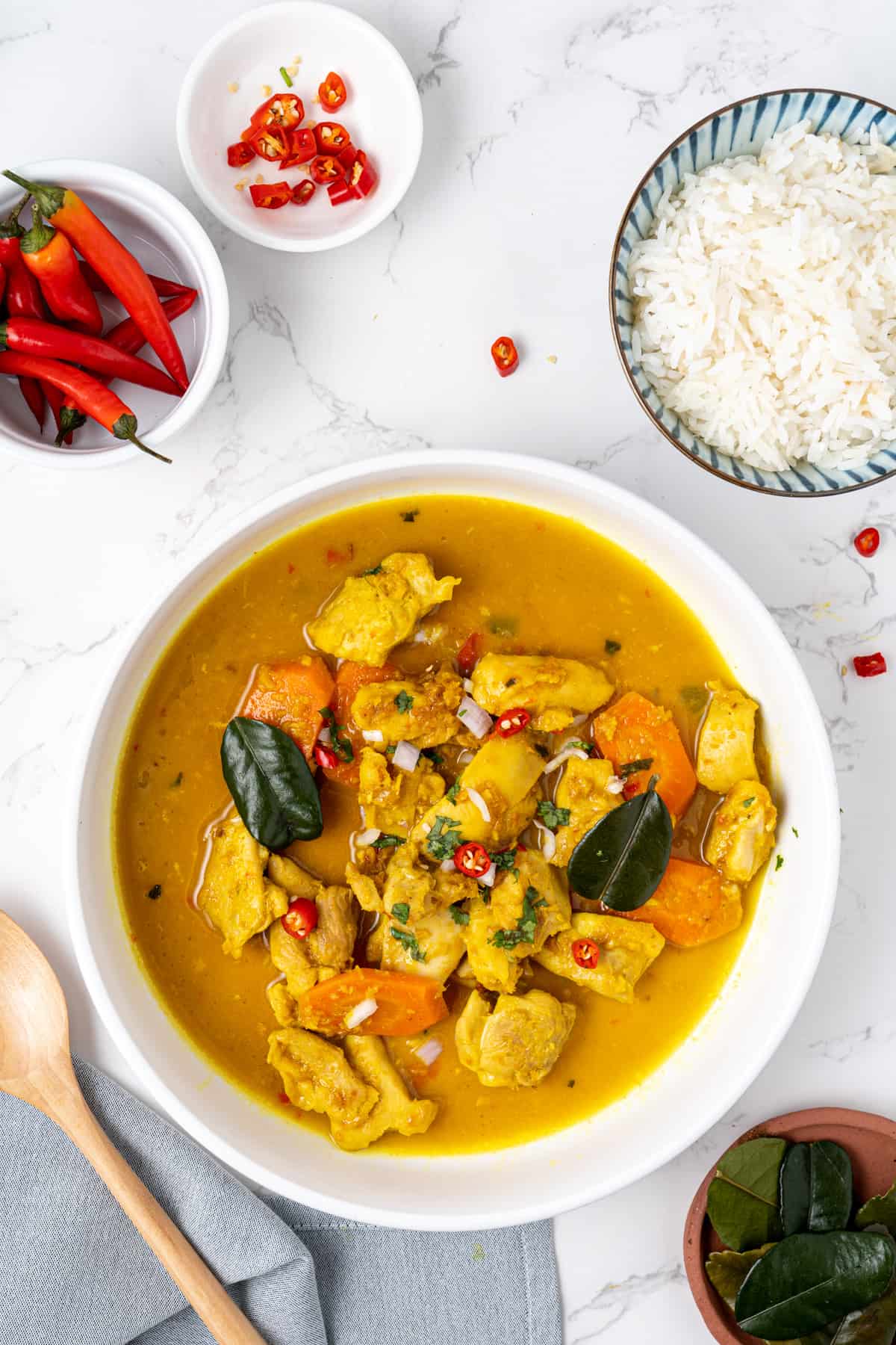 An overhead shot of Thai yellow curry with rice on the side.