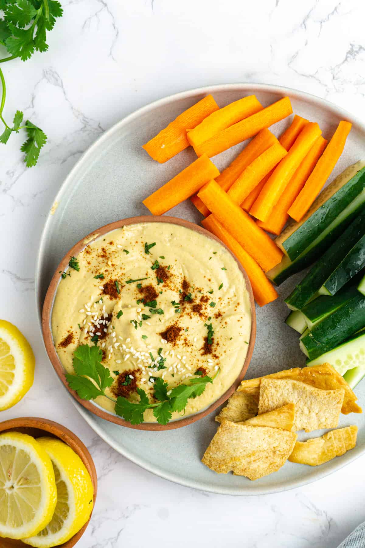 A plate of hummus with raw veggies and pita chips.