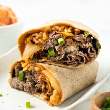 Stacks of the cross sections of the Korean burrito laid on top of each other.